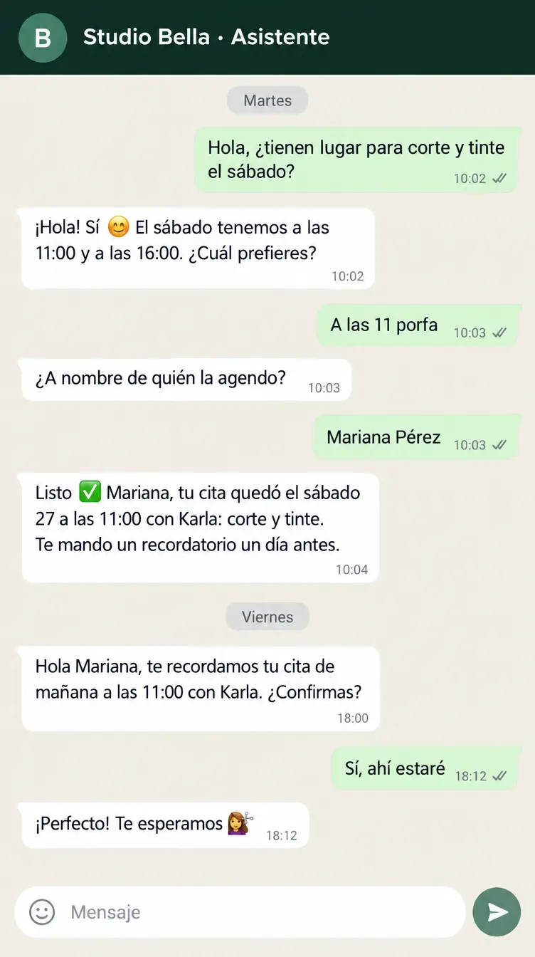 Conversación de ejemplo: una clienta pide corte y tinte, el asistente agenda la cita el sábado a las 11:00 con Karla y un día antes le manda el recordatorio, que ella confirma.